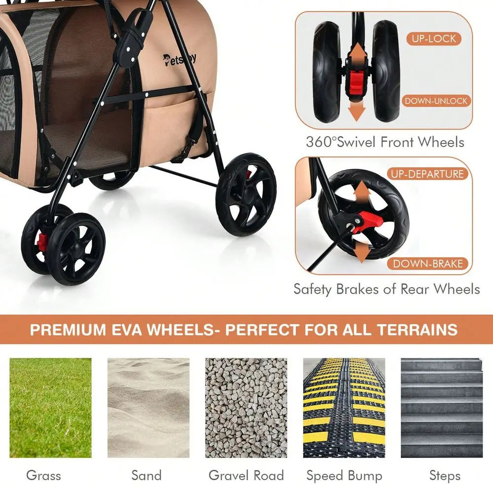 Double Pet Stroller W Detachable Carrier
