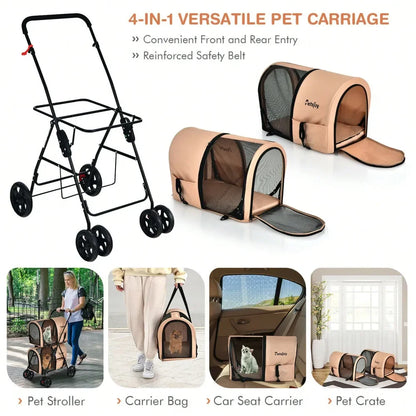 Double Pet Stroller W Detachable Carrier
