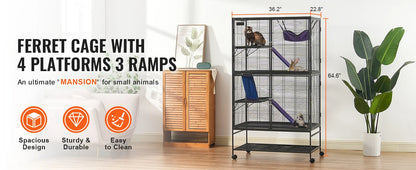 64.6" Rolling Metal Ferret Cage, Rats Hamster Guinea Chinchilla