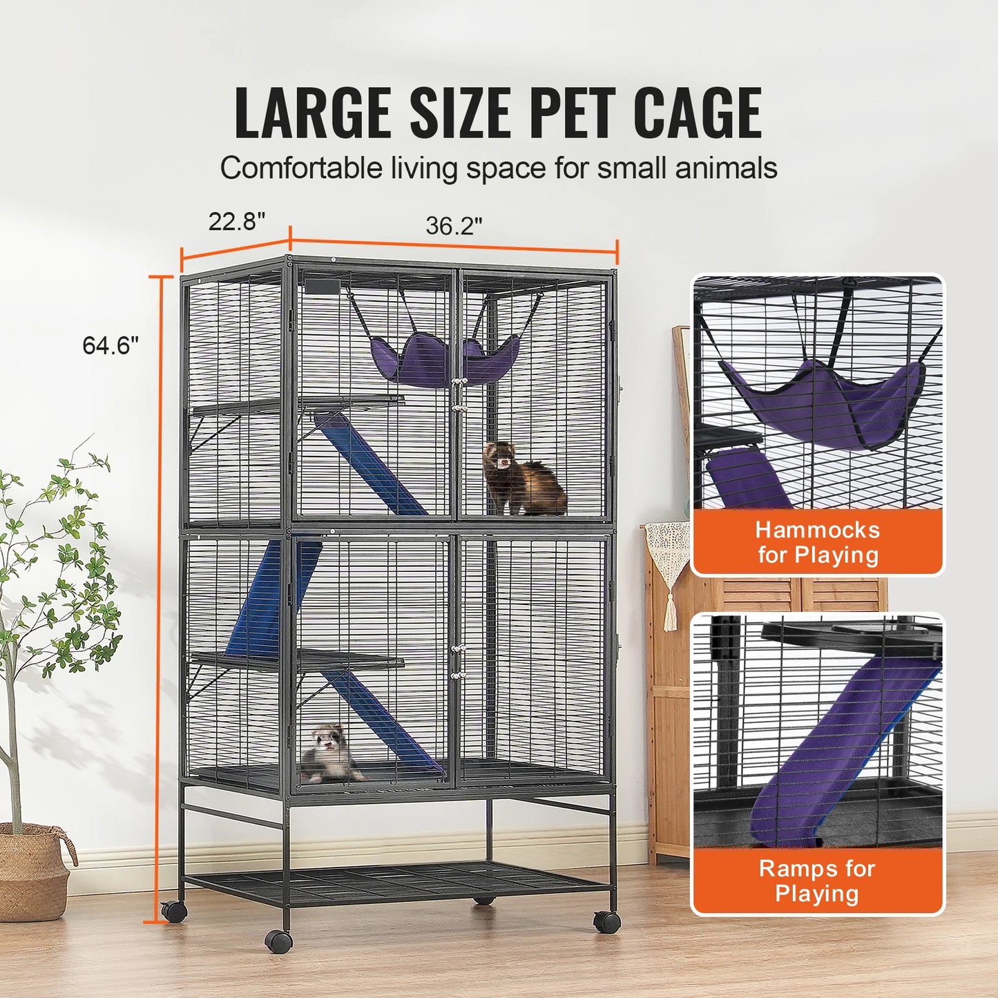 64.6" Rolling Metal Ferret Cage, Rats Hamster Guinea Chinchilla