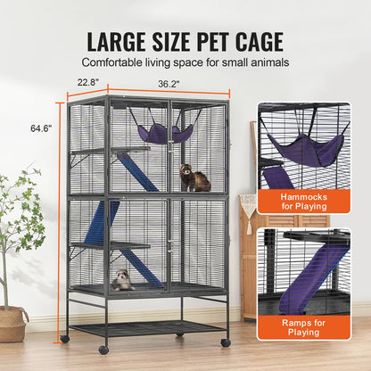 64.6" Rolling Metal Ferret Cage, Rats Hamster Guinea Chinchilla