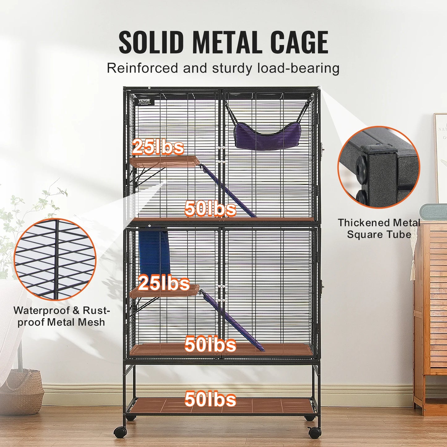 64.6" Rolling Metal Ferret Cage, Rats Hamster Guinea Chinchilla