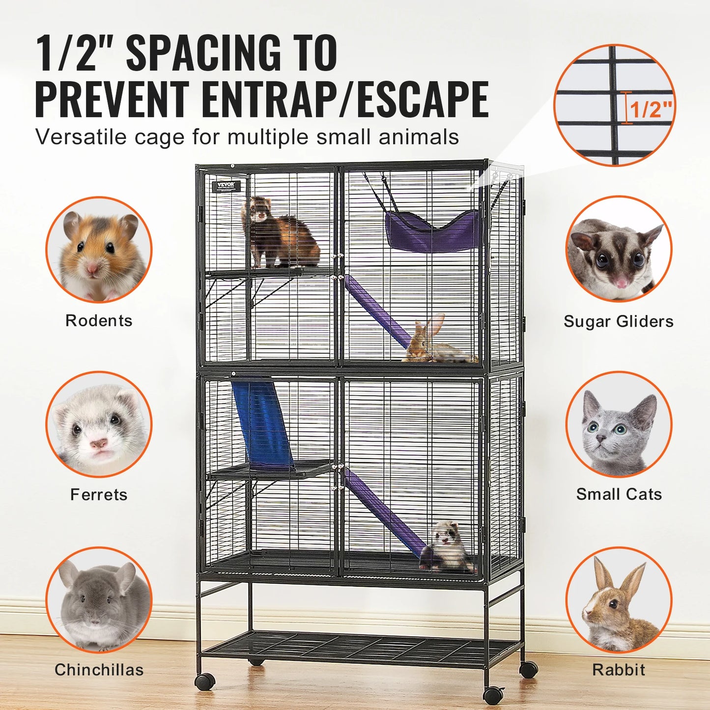 64.6" Rolling Metal Ferret Cage, Rats Hamster Guinea Chinchilla
