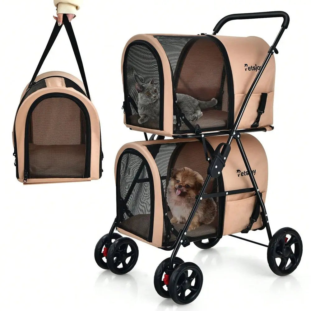 Double Pet Stroller W Detachable Carrier