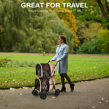 Double Pet Stroller W Detachable Carrier