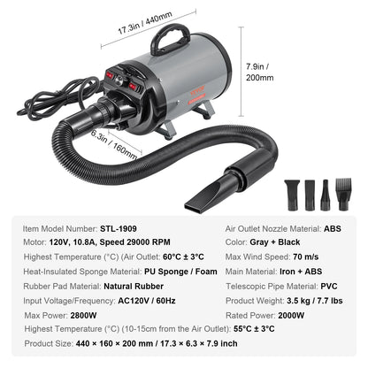Grooming Blow Dryer Adjustable Speed Temperature Control