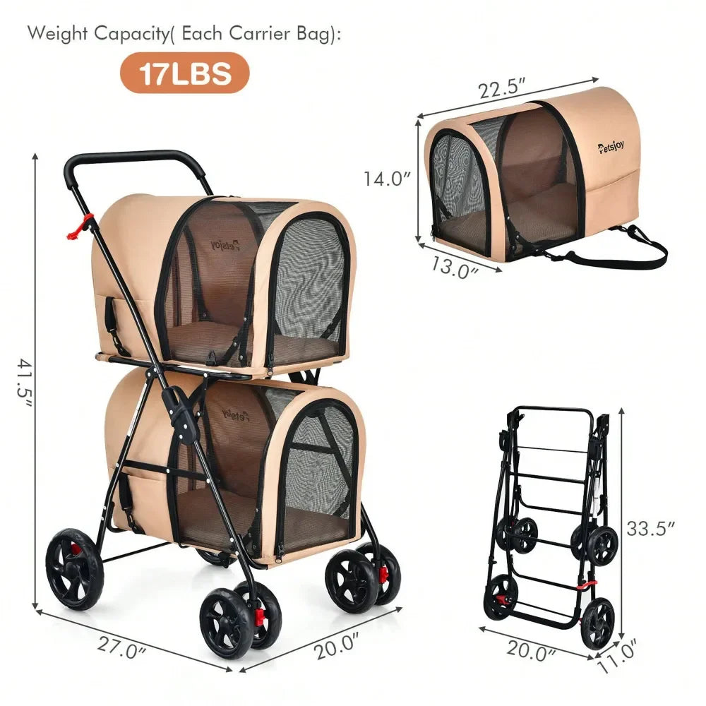Double Pet Stroller W Detachable Carrier