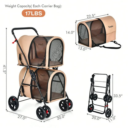 Double Pet Stroller W Detachable Carrier