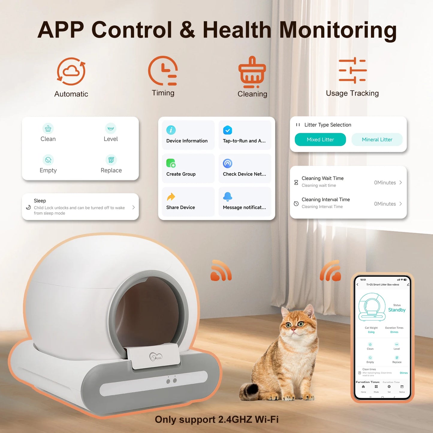 Self-Cleaning Cat Litter Box App Control, 2.4G WiFi