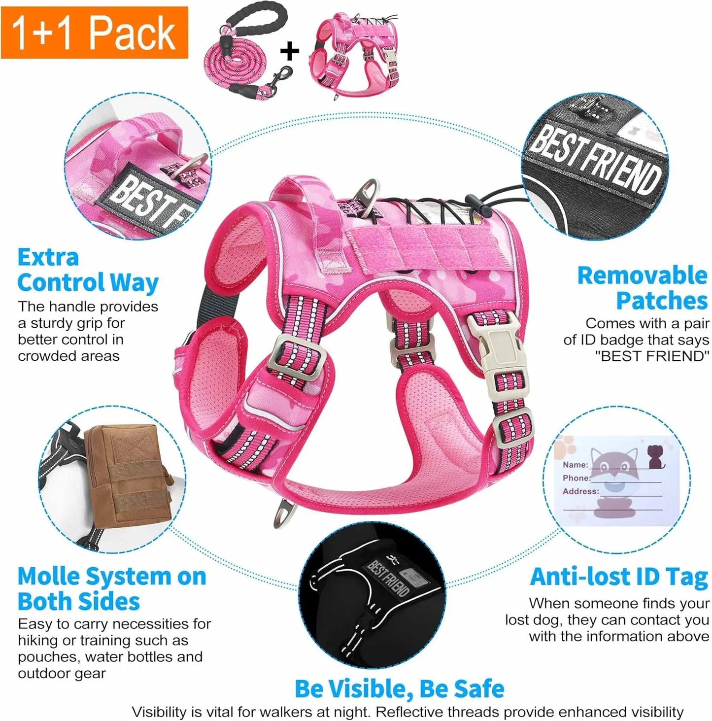 Heavy Duty Tactical Dog Harness for Large Dogs, Adjustable No-Pull Reflective Training Vest in Pink Camo