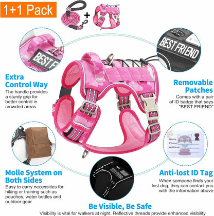 Heavy Duty Tactical Dog Harness for Large Dogs, Adjustable No-Pull Reflective Training Vest in Pink Camo