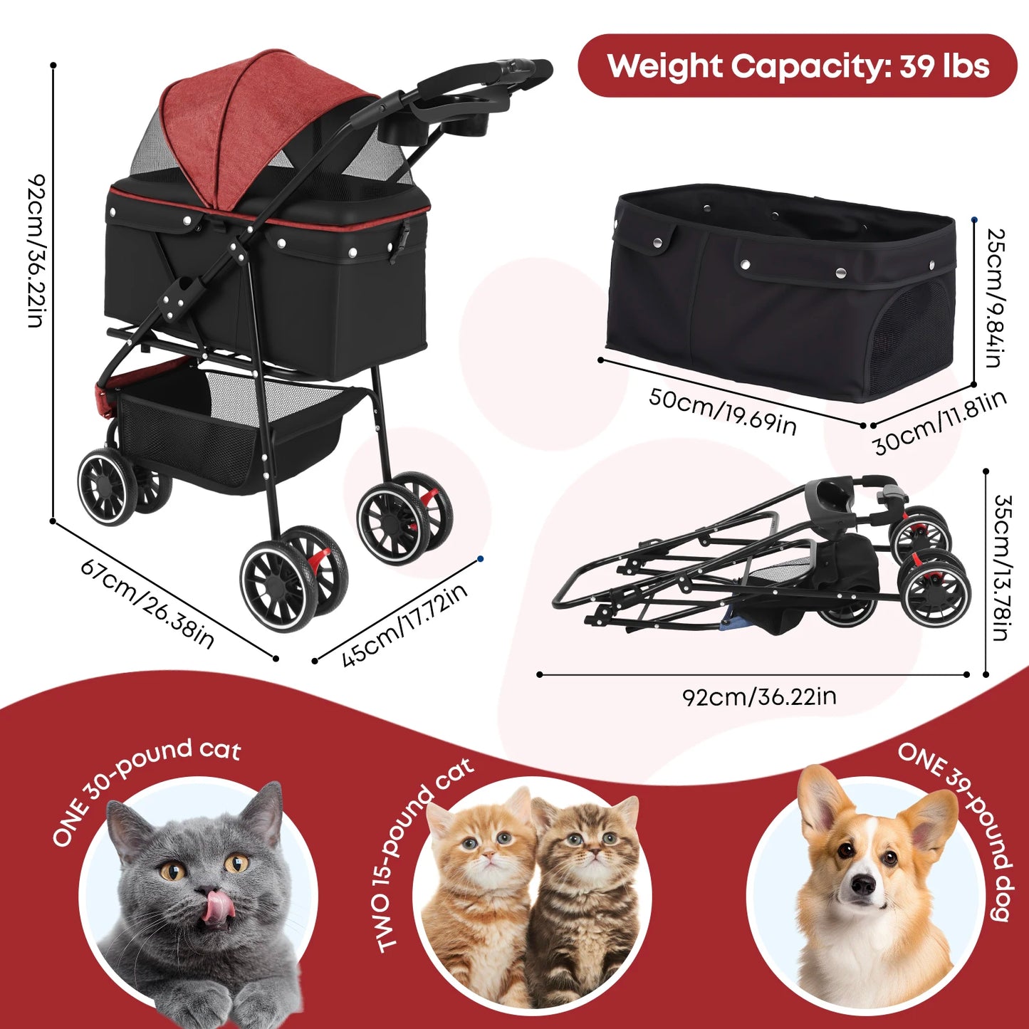 Pet Stroller For Small Medium Cats & Dogs