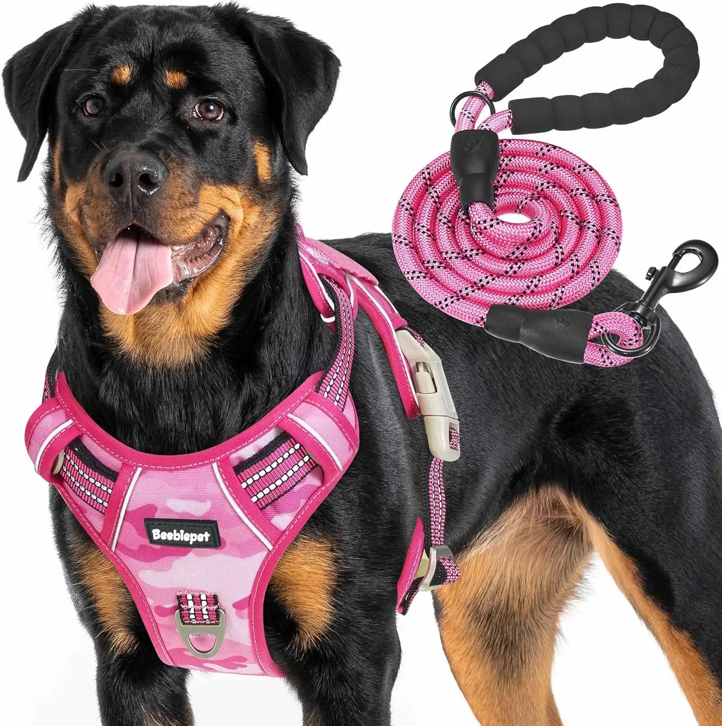 Heavy Duty Tactical Dog Harness for Large Dogs, Adjustable No-Pull Reflective Training Vest in Pink Camo